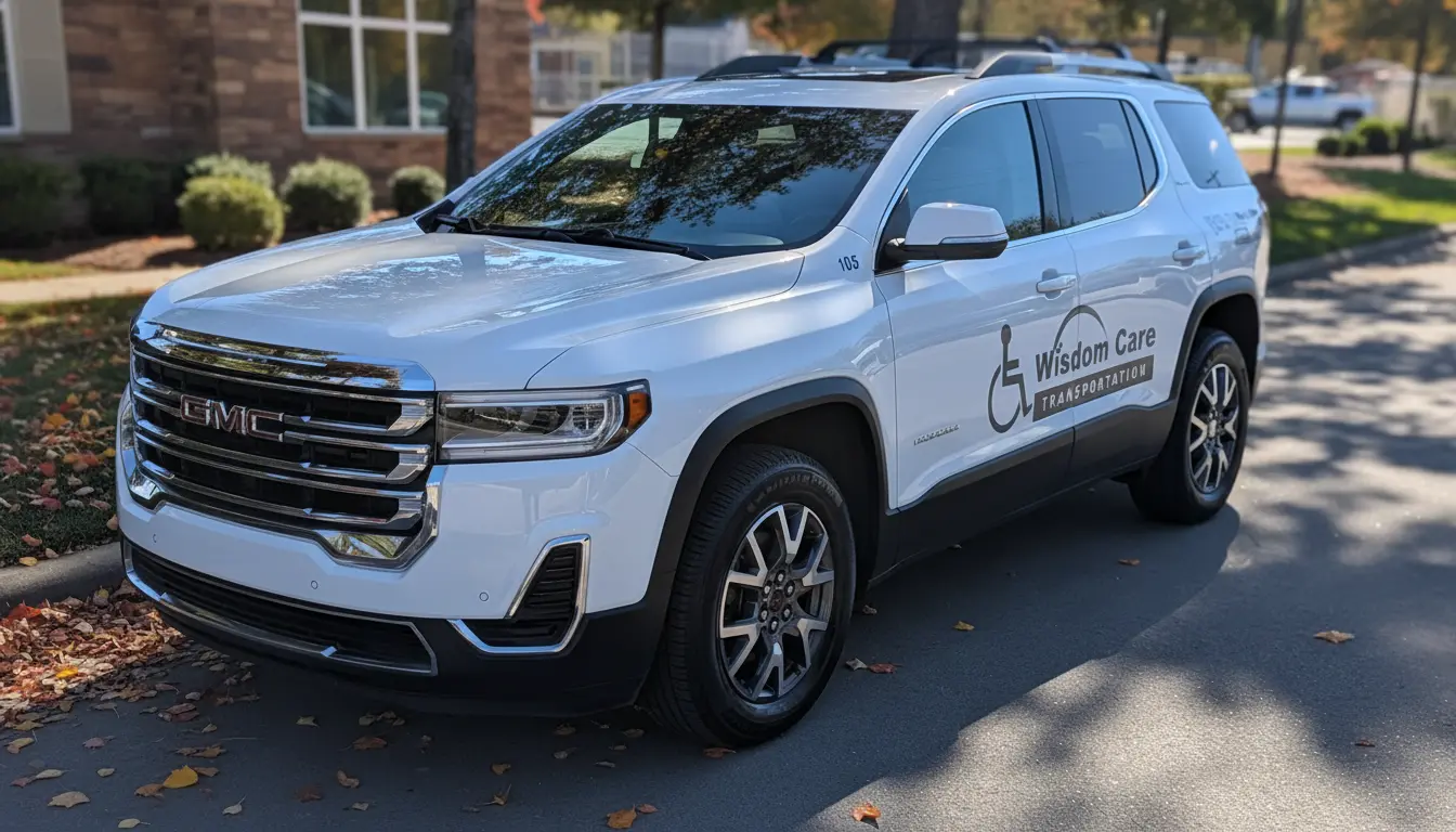Wisdom Care Transportation GMC vehicle providing safe and reliable non-emergency medical transport for seniors and patients.